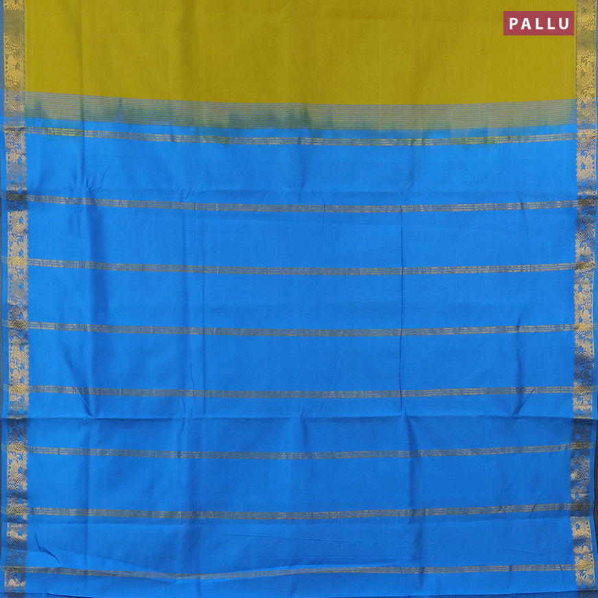 10 yards semi silk cotton saree lime yellow and cs blue with plain body and zari woven border