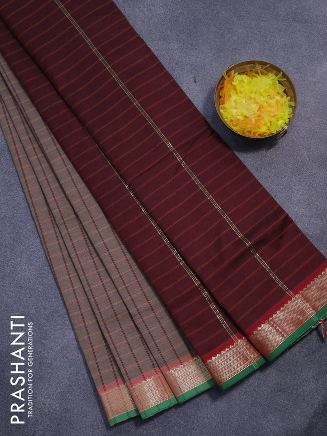 10 yards semi silk cotton saree pastel brown and maroon with allover checked pattern and zari woven border