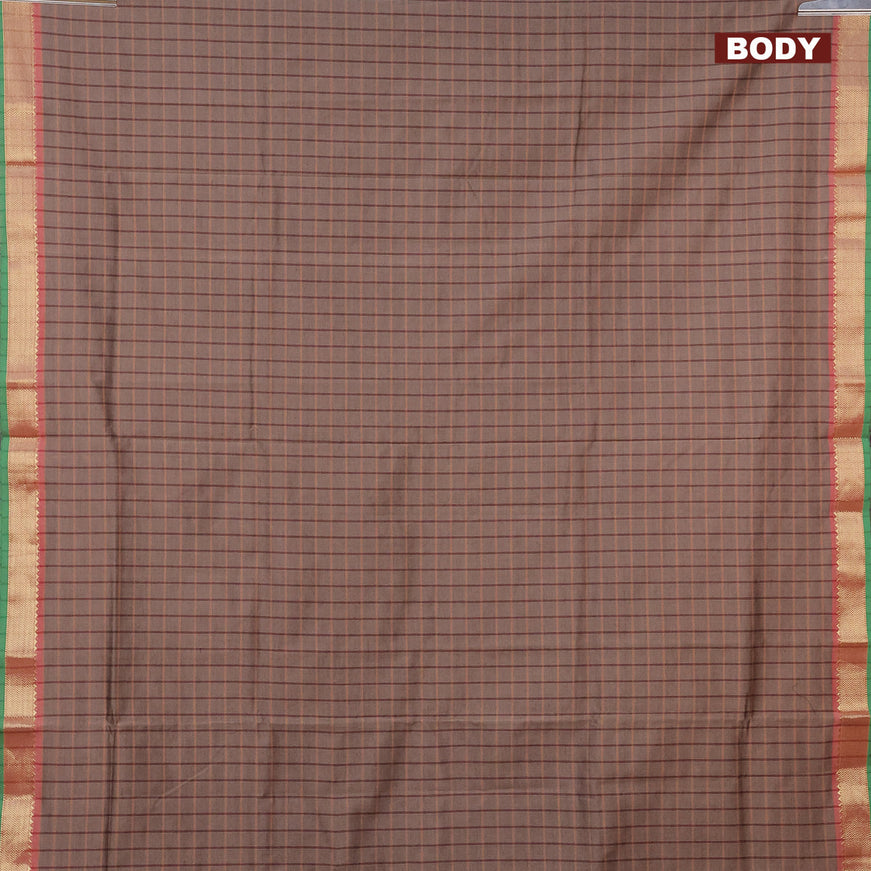 10 yards semi silk cotton saree pastel brown and maroon with allover checked pattern and zari woven border