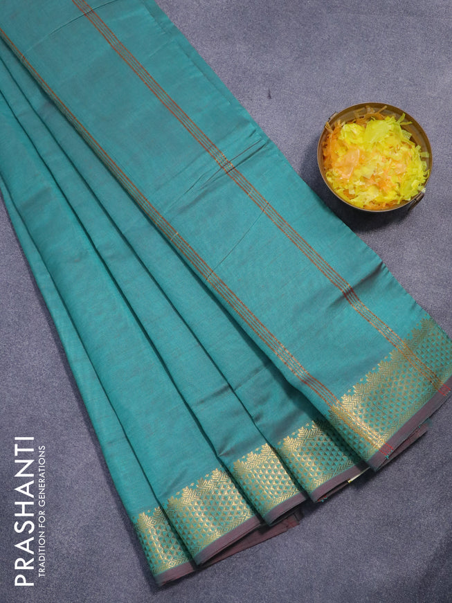 10 yards semi silk cotton saree dual shade of teal green shade with plain body and zari woven border