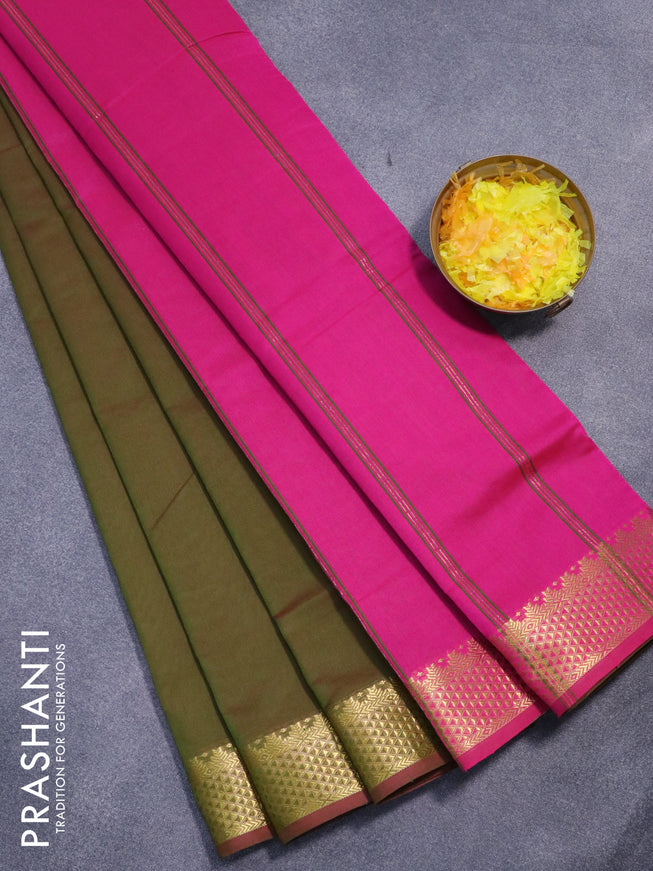10 yards semi silk cotton saree dual shade of sap green and pink with plain body and zari woven border