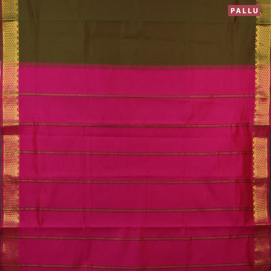 10 yards semi silk cotton saree dual shade of sap green and pink with plain body and zari woven border