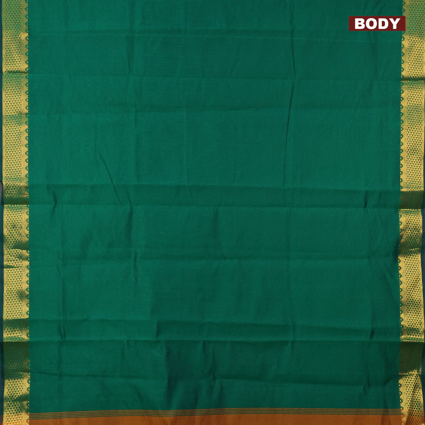 10 yards semi silk cotton saree green and dark mustard with plain body and zari woven border