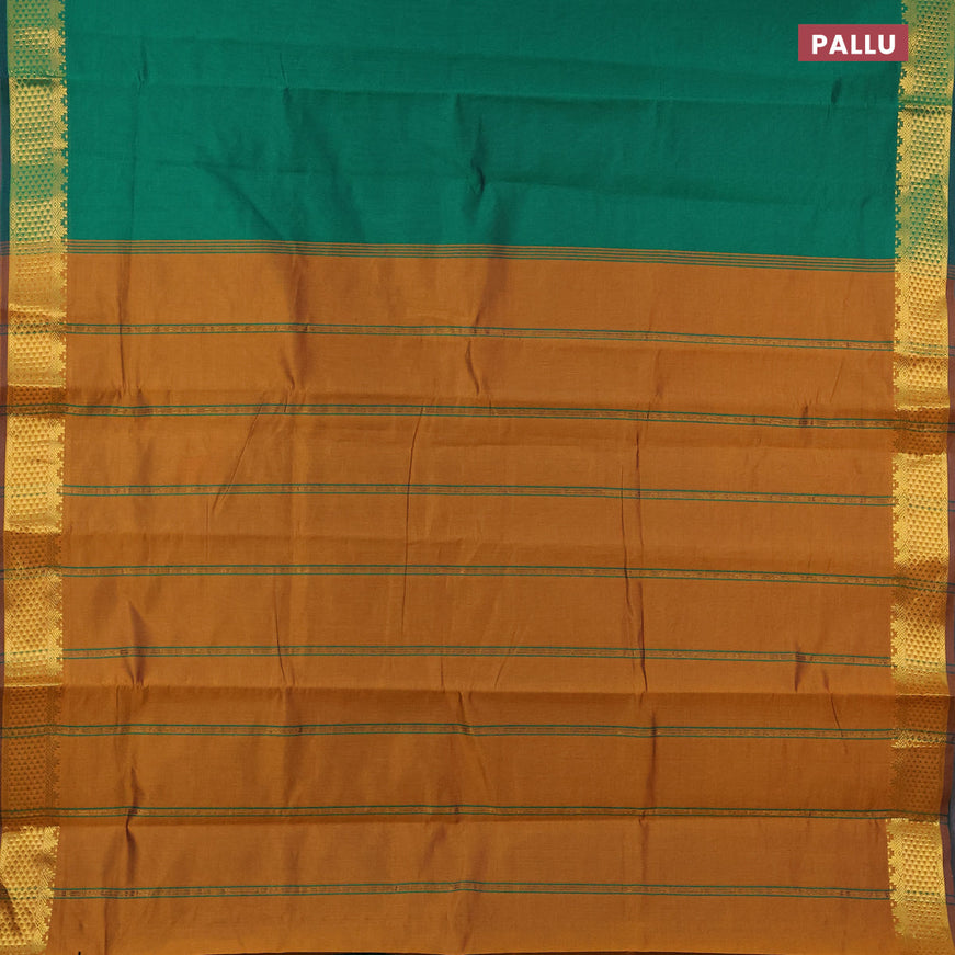 10 yards semi silk cotton saree green and dark mustard with plain body and zari woven border