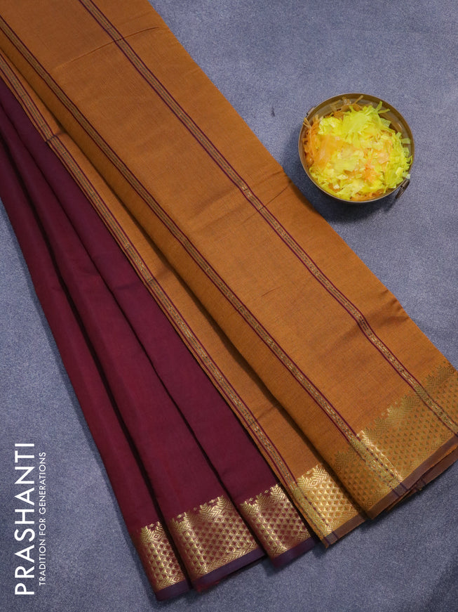 10 yards semi silk cotton saree deep maroon and mustard yellow with plain body and zari woven border