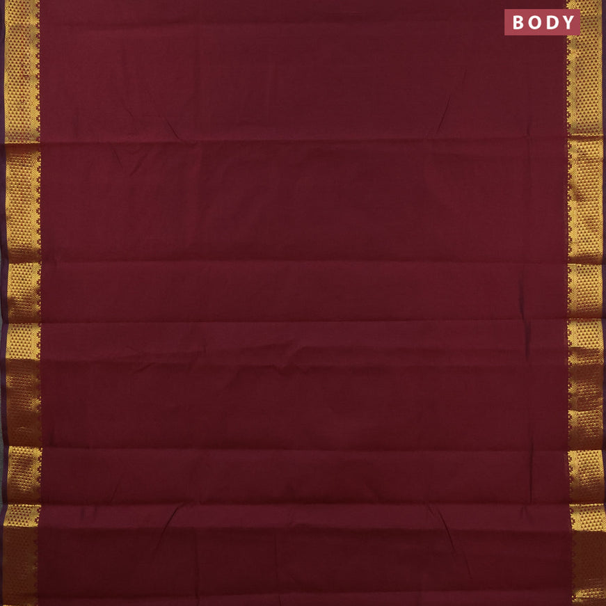 10 yards semi silk cotton saree deep maroon and mustard yellow with plain body and zari woven border