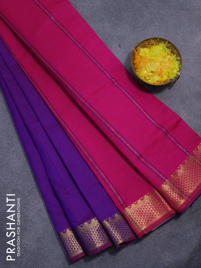 10 yards semi silk cotton saree dual shade of violet and pink with plain body and zari woven border