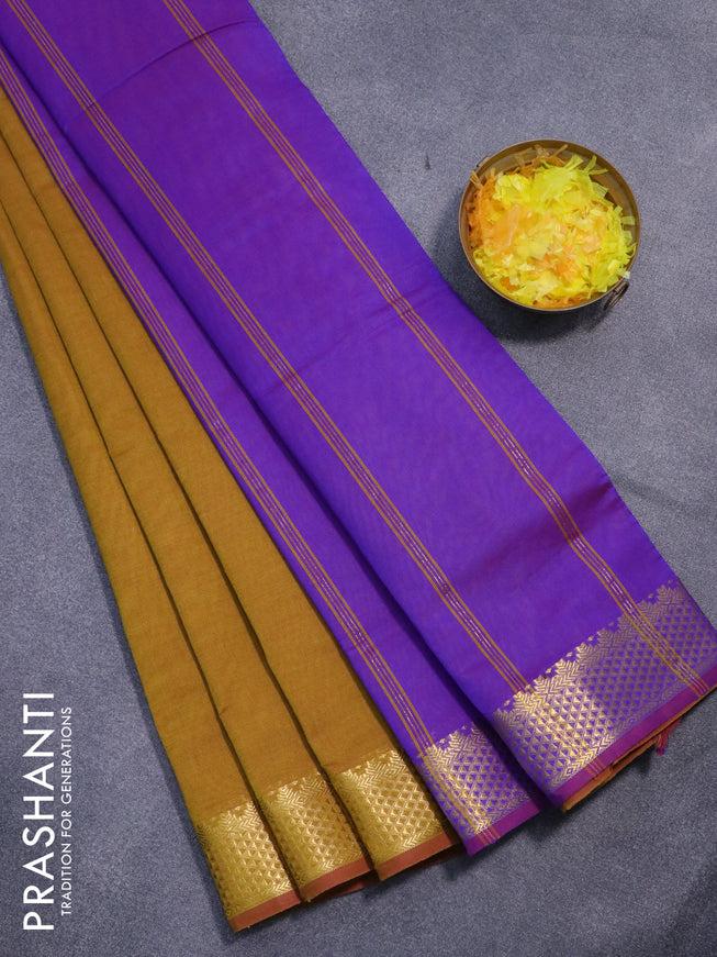 10 yards semi silk cotton saree mustard yellow and dual shade of violet with plain body and zari woven border