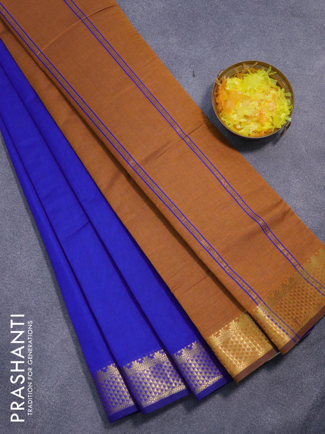 10 yards semi silk cotton saree blue and mustard yellow with plain body and zari woven border