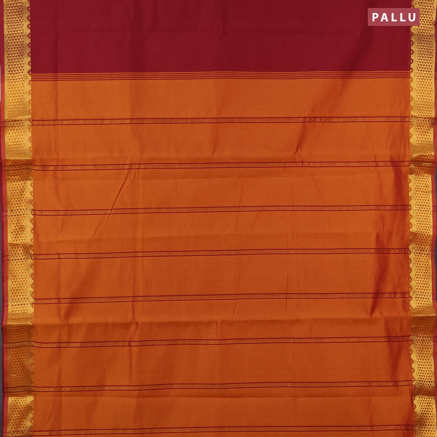 10 yards semi silk cotton saree maroon and mustard yellow with plain body and zari woven border