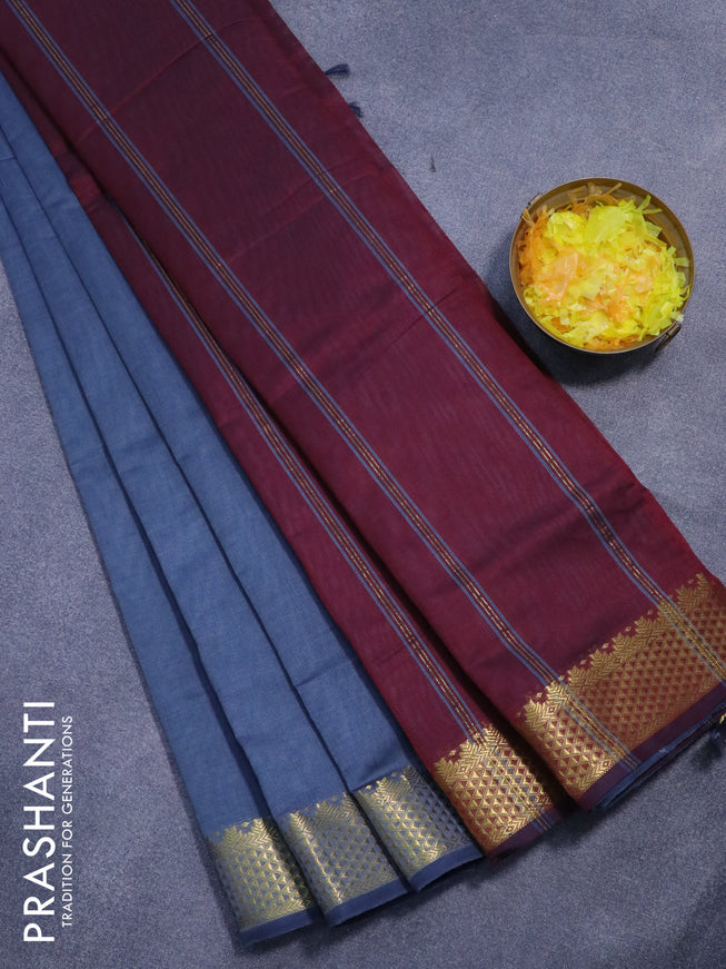 10 yards semi silk cotton saree grey and deep maroon with plain body and zari woven border
