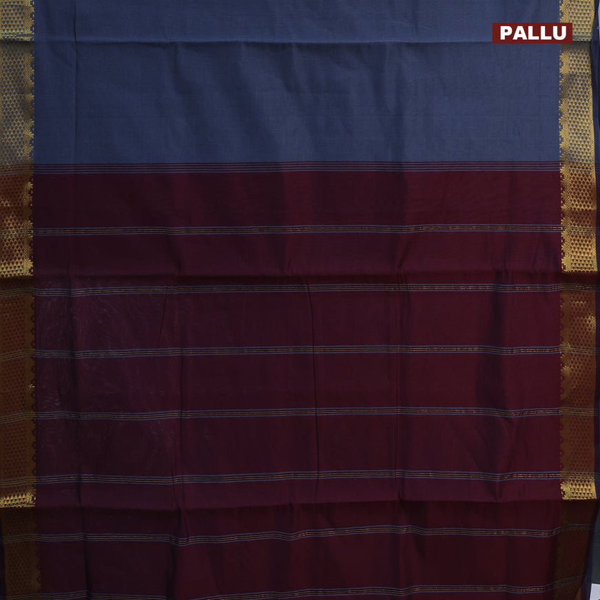 10 yards semi silk cotton saree grey and deep maroon with plain body and zari woven border