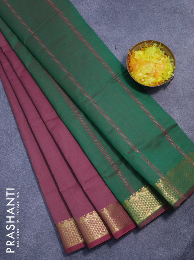 10 yards semi silk cotton saree pastel maroon and dual shade of green with plain body and zari woven border