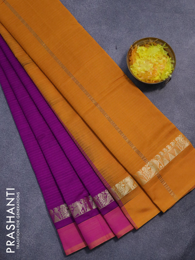 10 yards semi silk cotton saree purple and dark mustard with plain body and zari woven simple border