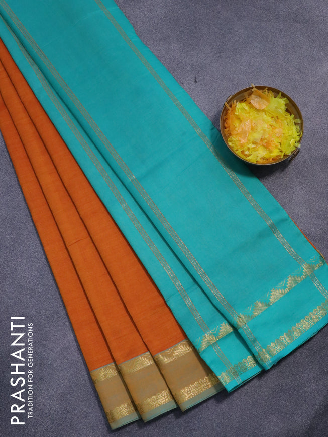 10 yards semi silk cotton saree dark mustard and teal green shade with plain body and rettapet zari woven border