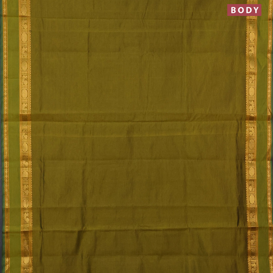 10 yards semi silk cotton saree mehendi green and maroon with plain body and rettapet zari woven border