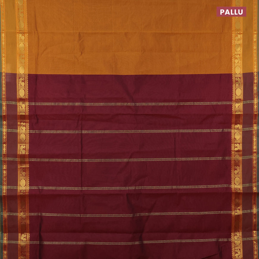 10 yards semi silk cotton saree dark mustard and maroon with plain body and rettapet zari woven border