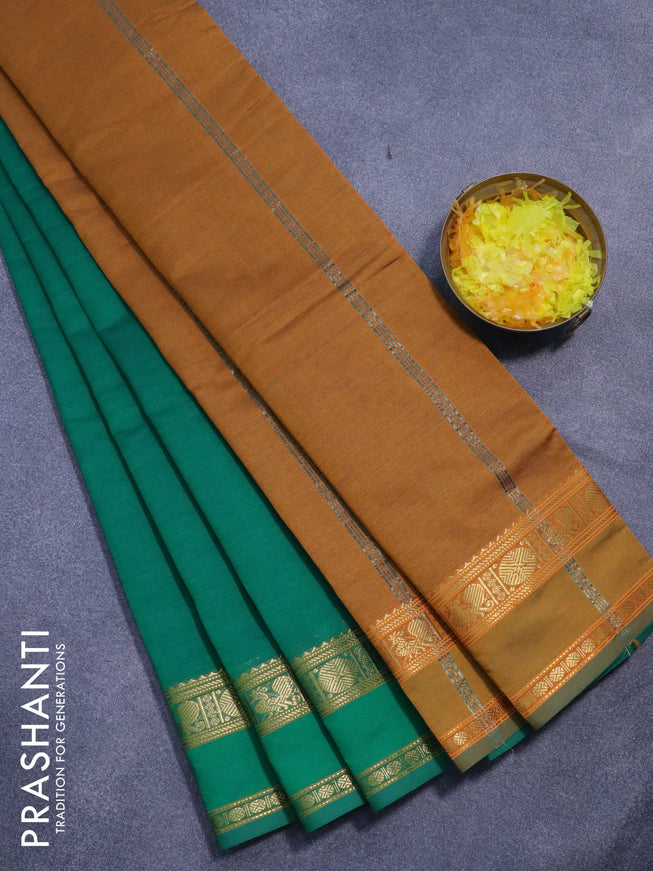10 yards semi silk cotton saree green and dark mustard with plain body and rettapet zari woven border