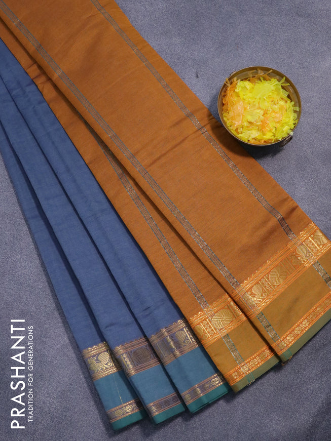 10 yards semi silk cotton saree grey and mustard yellow with plain body and rettapet zari woven border