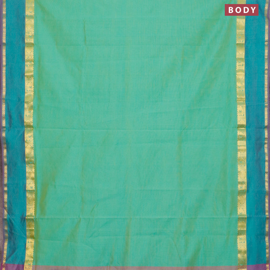 10 yards semi silk cotton saree dual shade of teal blue and purple with plain body and rettapet zari woven border