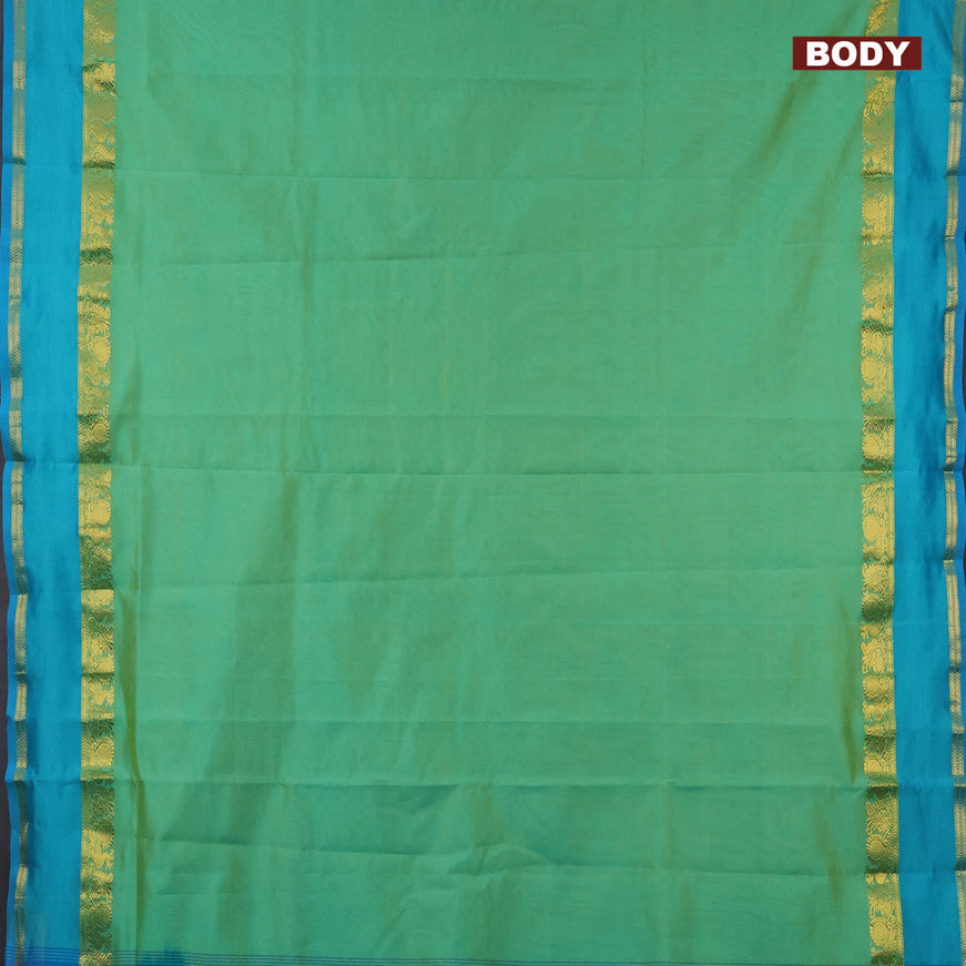 10 yards semi silk cotton saree dual shade of teal green and cs blue with plain body and rettapet zari woven border