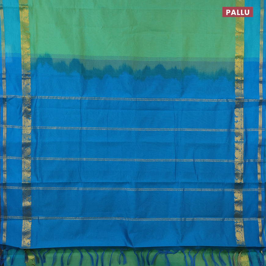 10 yards semi silk cotton saree dual shade of teal green and cs blue with plain body and rettapet zari woven border