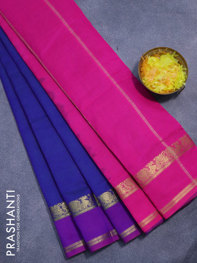 10 yards semi silk cotton saree dual shade of bluish green and pink with plain body and rettapet zari woven border