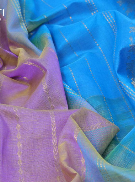 10 yards silk cotton saree dual shade of lavender and cs blue with allover zari weaves and zari wovenn border