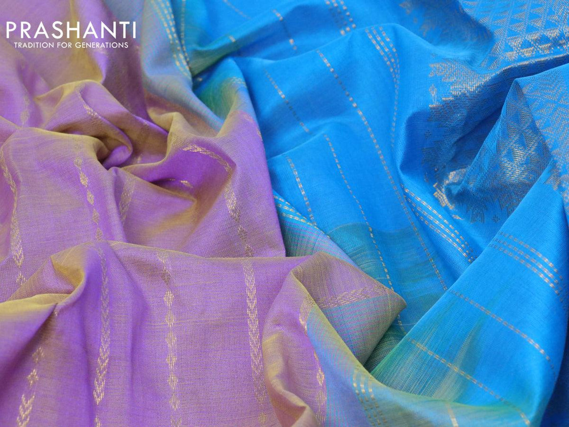 10 yards silk cotton saree dual shade of lavender and cs blue with allover zari weaves and zari wovenn border