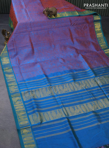 10 yards silk cotton saree dual shade of bluish orange and teal blue with allover self emboss jacquard and zari woven border