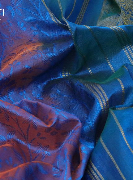 10 yards silk cotton saree dual shade of bluish orange and teal blue with allover self emboss jacquard and zari woven border