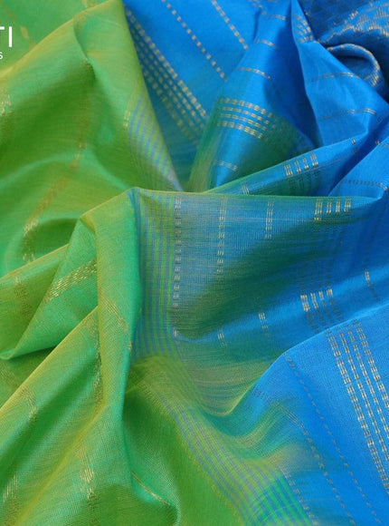 10 yards silk cotton saree light green and cs blue with allover zari weaves and zari woven border