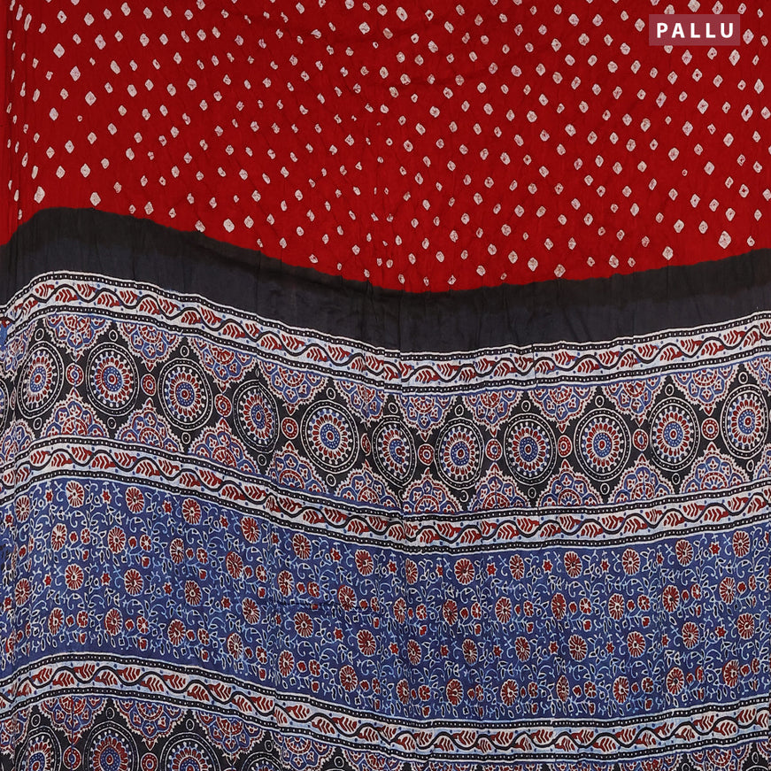 Modal silk saree red and blue with allover bandhani prints and ajrakh printed pallu