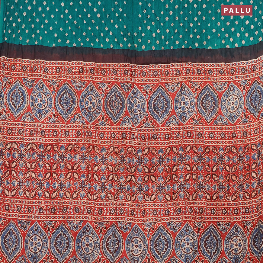 Modal silk saree teal green and maroon with allover bandhani prints and ajrakh printed pallu