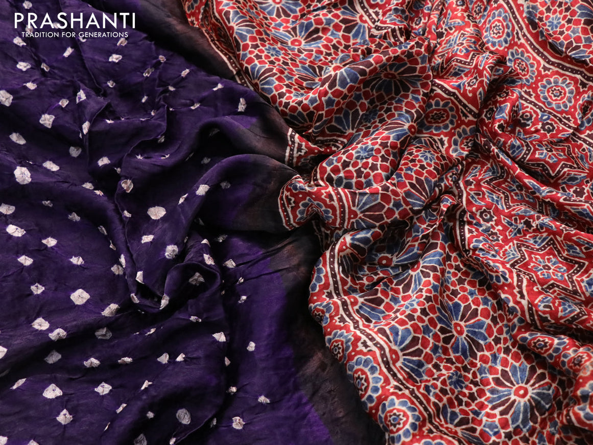 Modal silk saree violet and maroon with allover bandhani prints and ajrakh printed pallu