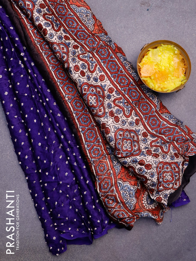 Modal silk saree violet and maroon with allover bandhani prints and ajrakh printed pallu