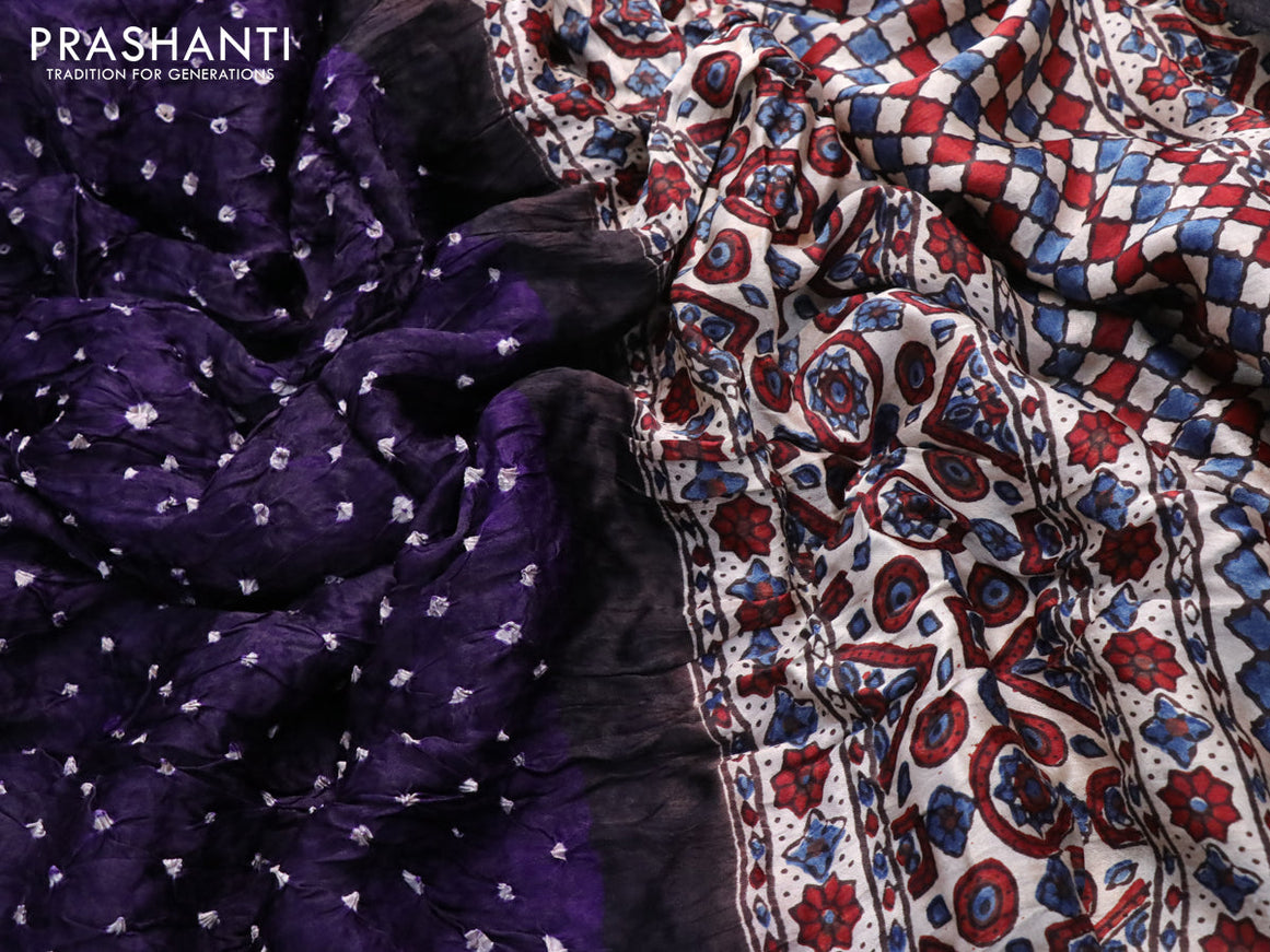 Modal silk saree deep violet and cream with allover bandhani prints and ajrakh printed pallu