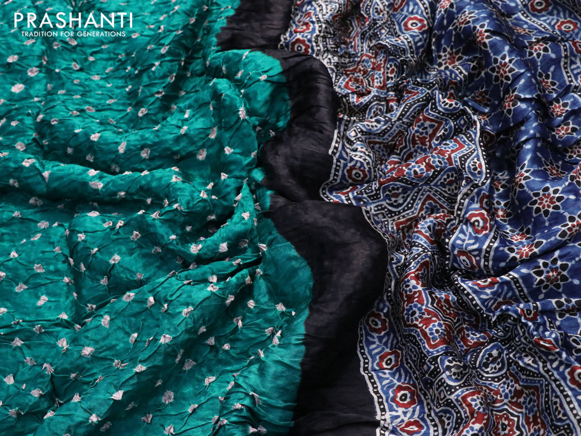 Modal silk saree teal green and blue with allover bandhani prints and ajrakh printed pallu