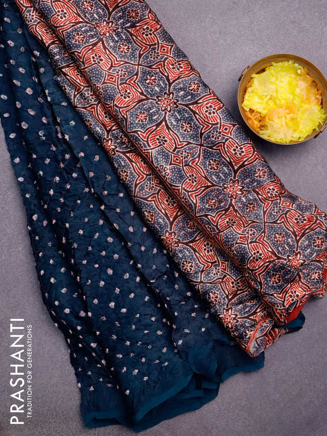 Modal silk saree peacock blue and maroon with allover bandhani prints and ajrakh printed pallu