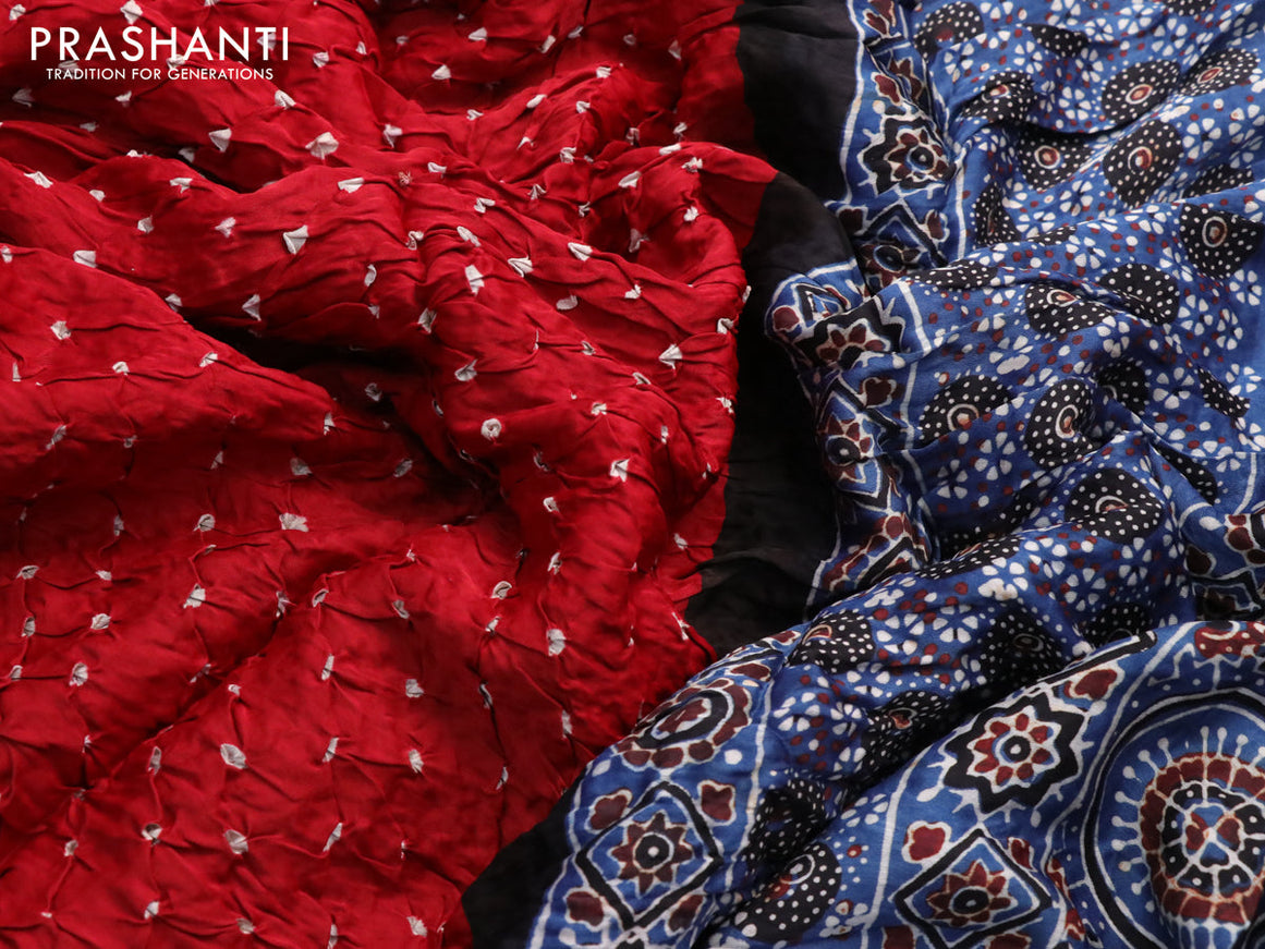 Modal silk saree red and peacock blue with allover bandhani prints and ajrakh printed pallu