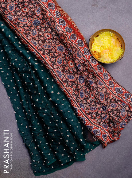 Modal silk saree green and maroon with allover bandhani prints and ajrakh printed pallu