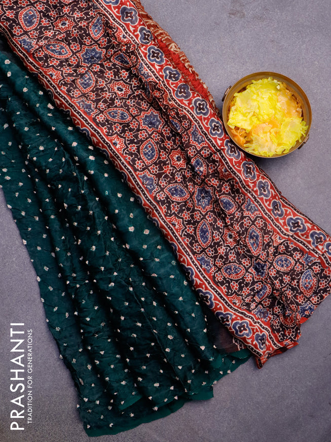 Modal silk saree green and maroon with allover bandhani prints and ajrakh printed pallu