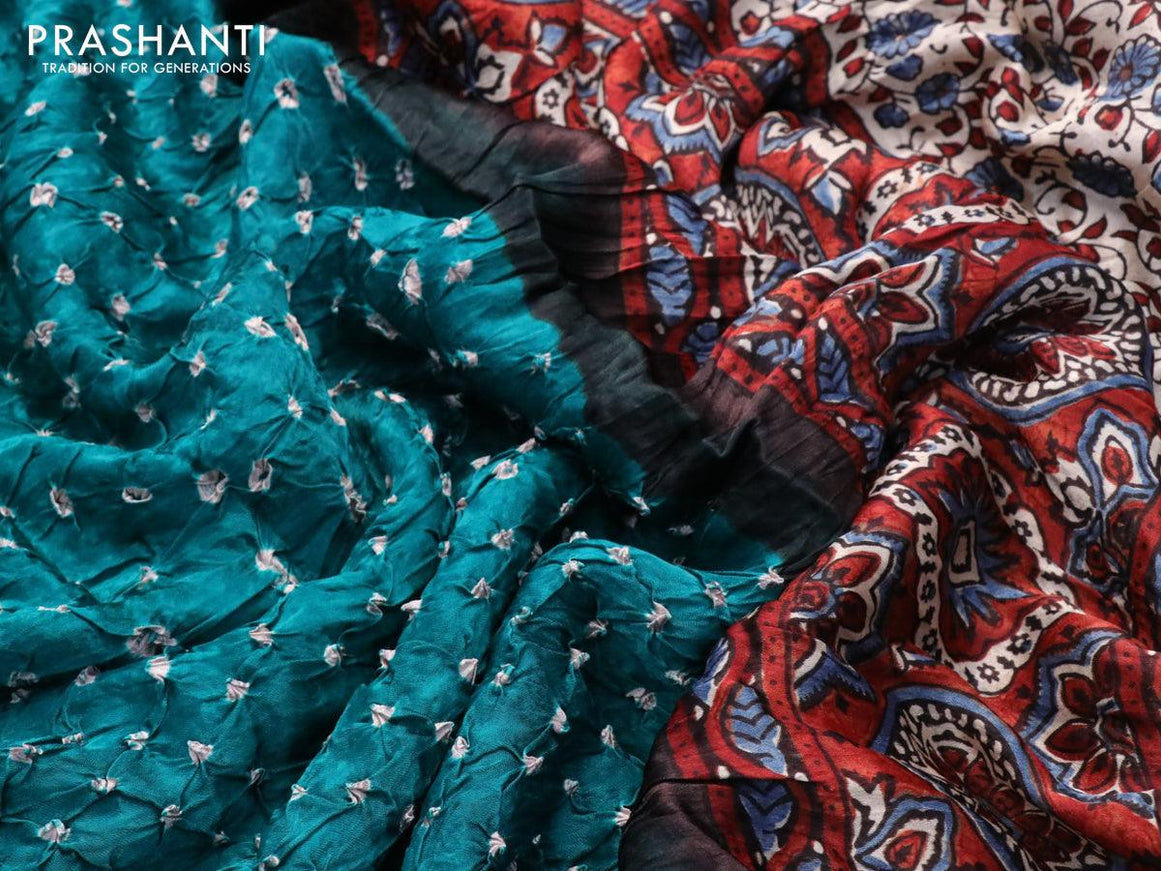 Modal silk saree teal green and maroon with allover bandhani prints and ajrakh printed pallu