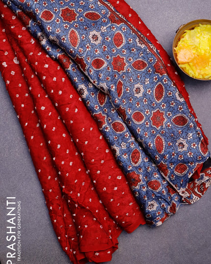 Modal silk saree red and beige blue with allover bandhani prints and ajrakh printed pallu