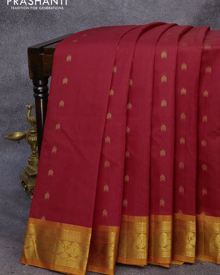 Gadwal silk cotton saree red and mustard yellow with allover zari woven buttas and paisley zari woven border