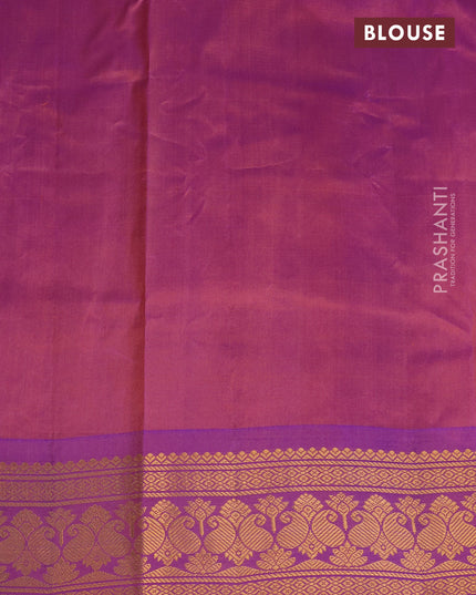 Gadwal silk cotton saree peach orange and dual shade of purple with allover zari woven buttas and paisley zari woven border