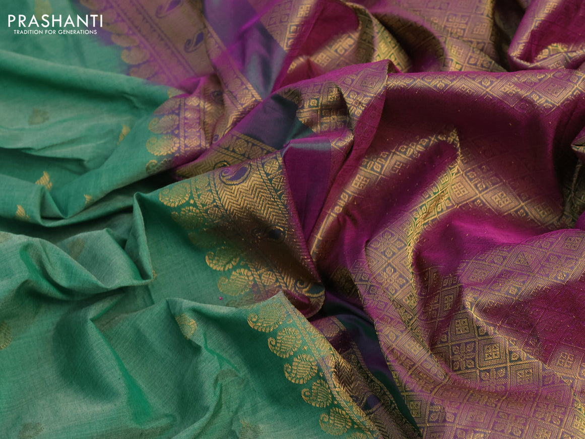 Gadwal silk cotton saree green and dual shade of purple with allover zari woven buttas and zari woven border