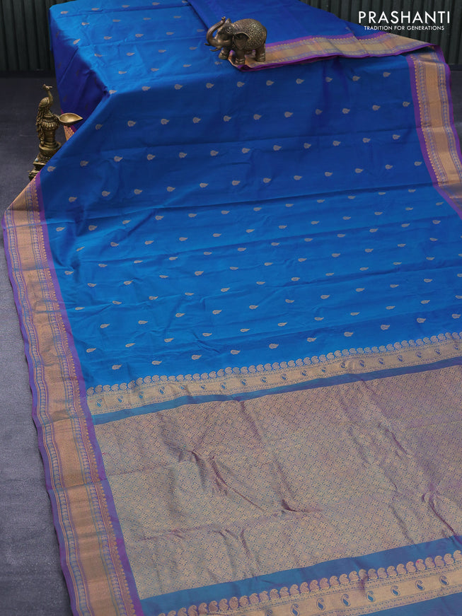 Gadwal silk cotton saree dual shade of blue and dual shade of purple with allover zari woven buttas and zari woven border
