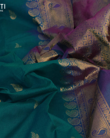 Gadwal silk cotton saree teal green shade and dual shade of purple with allover zari woven buttas and zari woven border