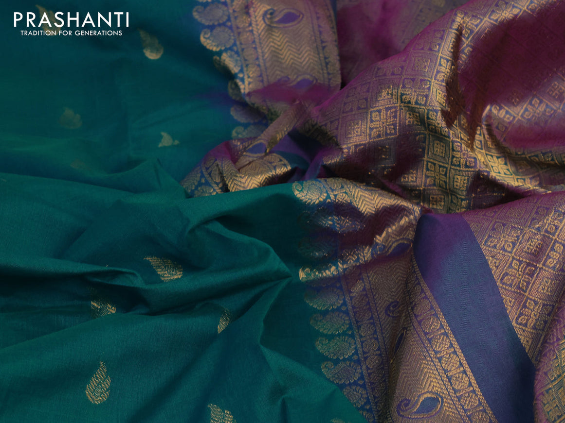 Gadwal silk cotton saree teal green shade and dual shade of purple with allover zari woven buttas and zari woven border